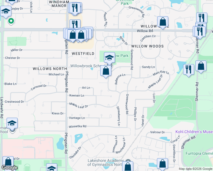 map of restaurants, bars, coffee shops, grocery stores, and more near 2420 Happy Hollow Road in Glenview