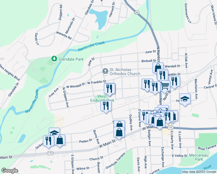 map of restaurants, bars, coffee shops, grocery stores, and more near 414 Jennings Street in Endicott