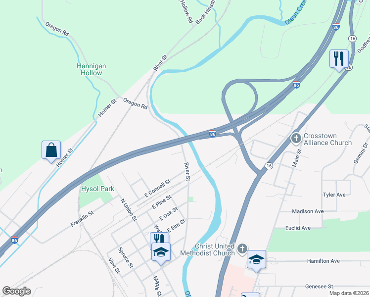 map of restaurants, bars, coffee shops, grocery stores, and more near 1524 River Street in Olean
