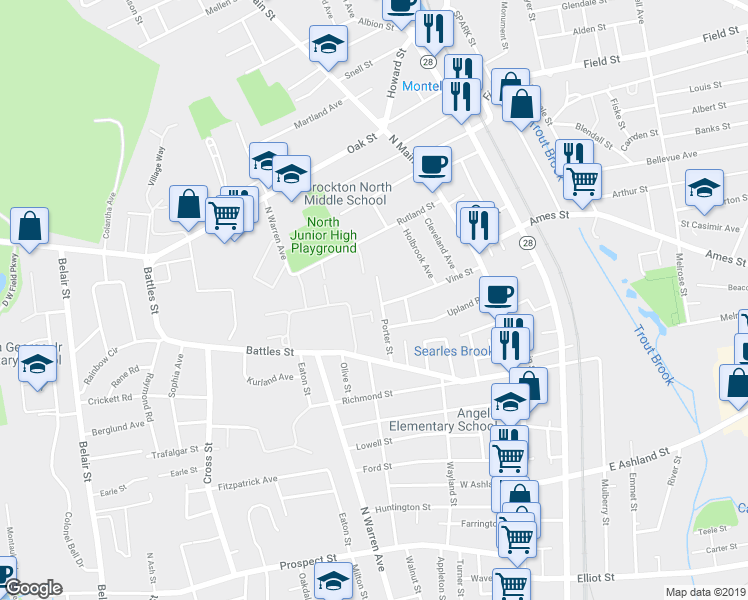 map of restaurants, bars, coffee shops, grocery stores, and more near 62 Porter Street in Brockton