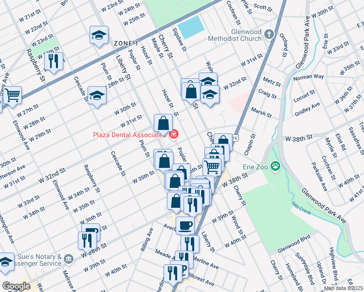 map of restaurants, bars, coffee shops, grocery stores, and more near 3407 Poplar Street in Erie