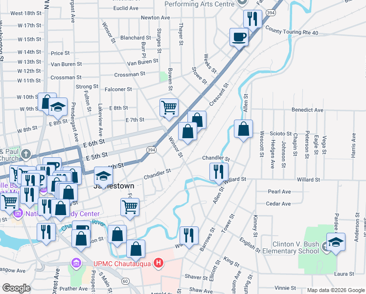 map of restaurants, bars, coffee shops, grocery stores, and more near 29 Scott Street in Jamestown