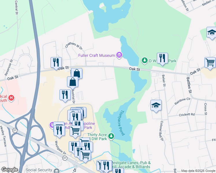 map of restaurants, bars, coffee shops, grocery stores, and more near 42 Oak Street in Brockton