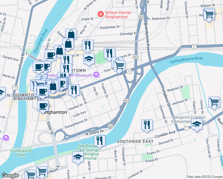 map of restaurants, bars, coffee shops, grocery stores, and more near 23 Stuyvesant Street in Binghamton