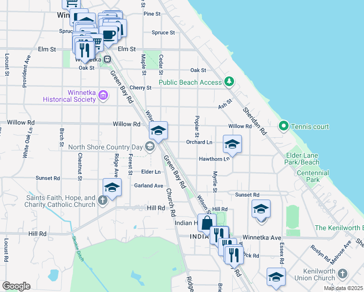 map of restaurants, bars, coffee shops, grocery stores, and more near 580 Orchard Lane in Winnetka