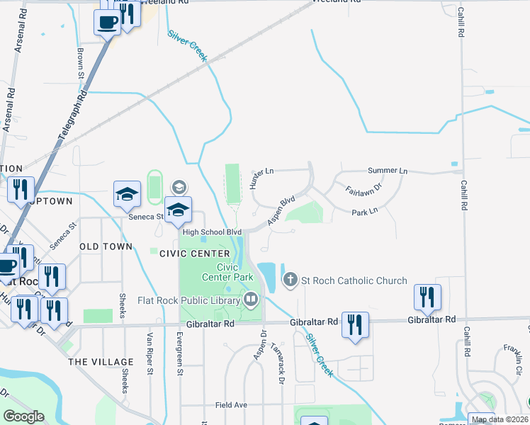 map of restaurants, bars, coffee shops, grocery stores, and more near 28395 Aspen Boulevard in Flat Rock