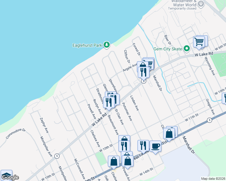 map of restaurants, bars, coffee shops, grocery stores, and more near 519 Glenruadh Ave in Erie
