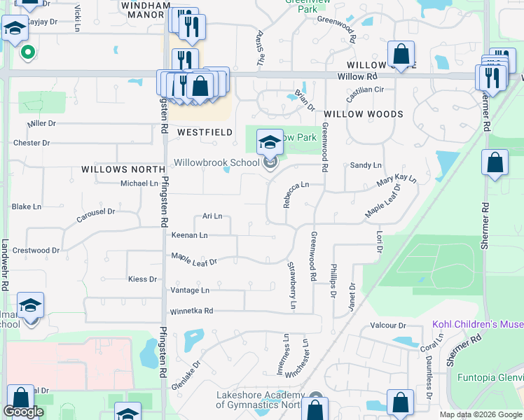 map of restaurants, bars, coffee shops, grocery stores, and more near 2420 Happy Hollow Road in Glenview