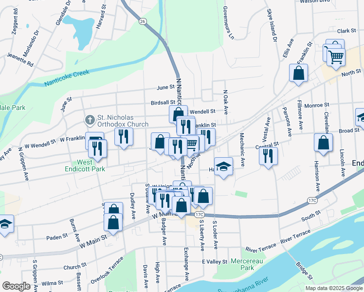map of restaurants, bars, coffee shops, grocery stores, and more near North Nanticoke Avenue & Jennings Street in Endicott