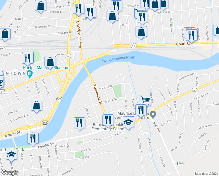 map of restaurants, bars, coffee shops, grocery stores, and more near 27 Tompkins Street in Binghamton