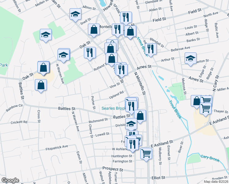 map of restaurants, bars, coffee shops, grocery stores, and more near 40 Upland Road in Brockton
