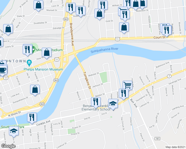 map of restaurants, bars, coffee shops, grocery stores, and more near 42 Webster Street in Binghamton
