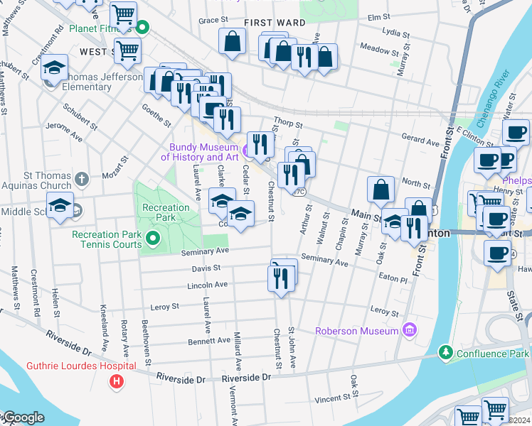 map of restaurants, bars, coffee shops, grocery stores, and more near 97 Chestnut Street in Binghamton