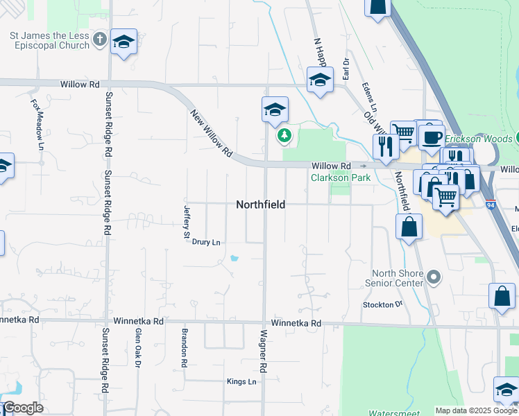 map of restaurants, bars, coffee shops, grocery stores, and more near 2050 Bosworth Lane in Northfield
