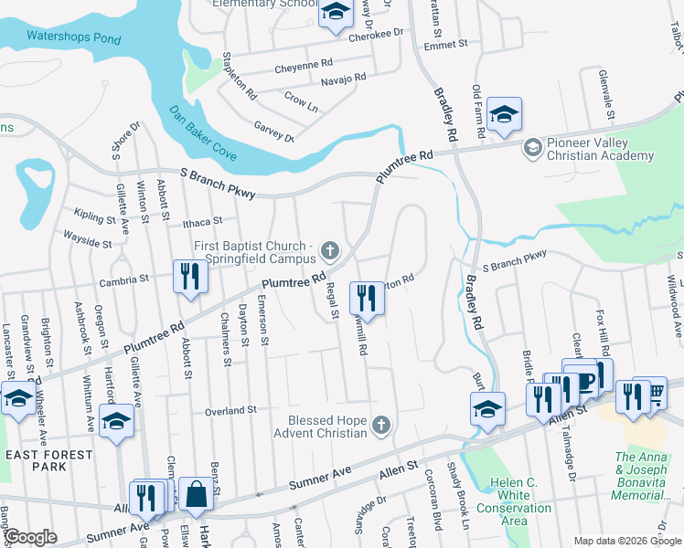 map of restaurants, bars, coffee shops, grocery stores, and more near 22 Regal Street in Springfield