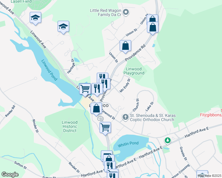 map of restaurants, bars, coffee shops, grocery stores, and more near 47 School Park in Northbridge