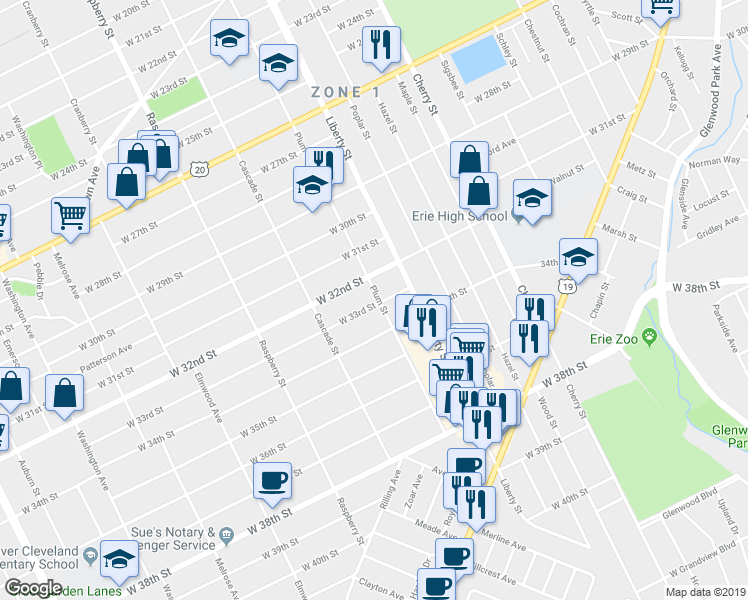 map of restaurants, bars, coffee shops, grocery stores, and more near 3224 Plum Street in Erie