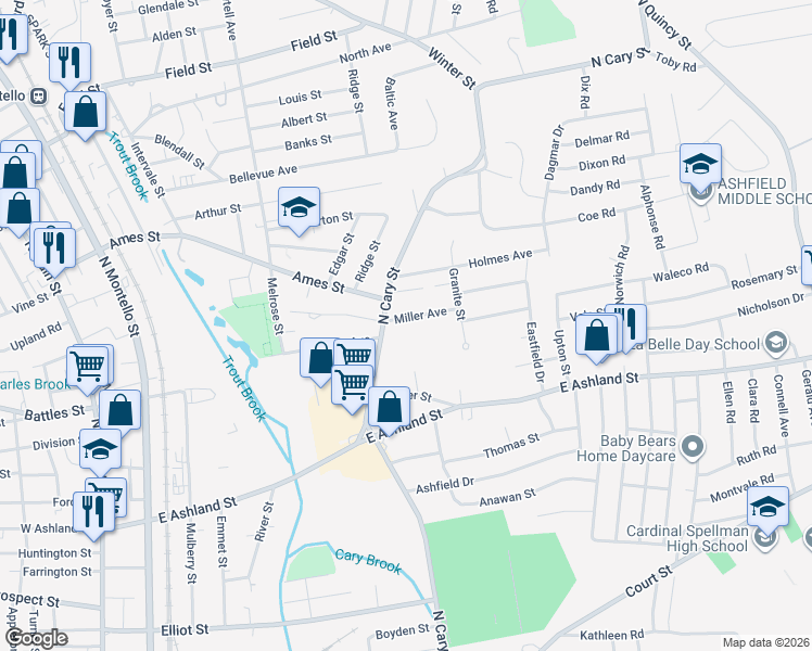 map of restaurants, bars, coffee shops, grocery stores, and more near 25 Clemens Avenue in Brockton