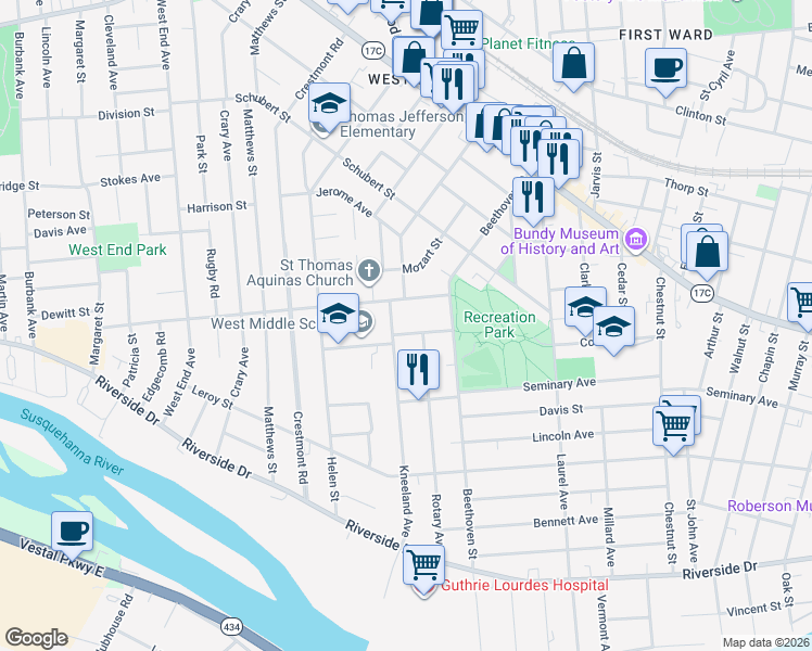 map of restaurants, bars, coffee shops, grocery stores, and more near 16 Jefferson Avenue in Binghamton