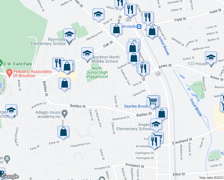 map of restaurants, bars, coffee shops, grocery stores, and more near 41 Porter Street in Brockton