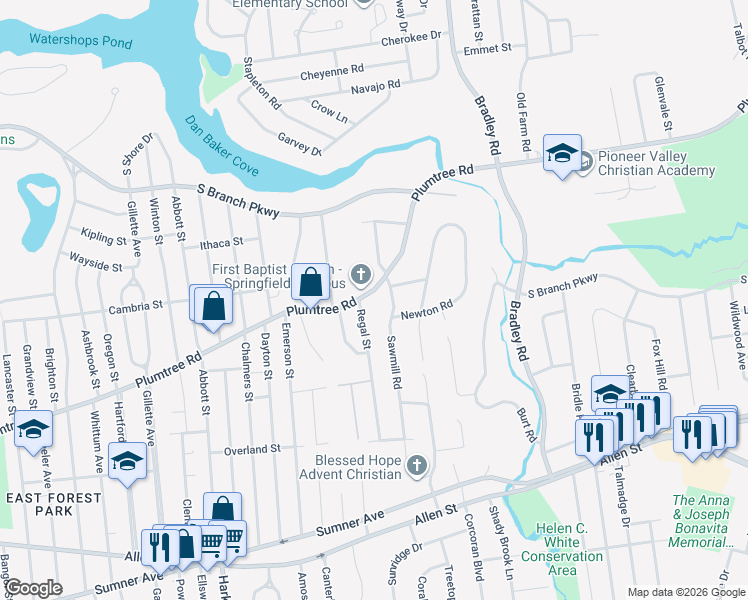 map of restaurants, bars, coffee shops, grocery stores, and more near 22 Regal Street in Springfield