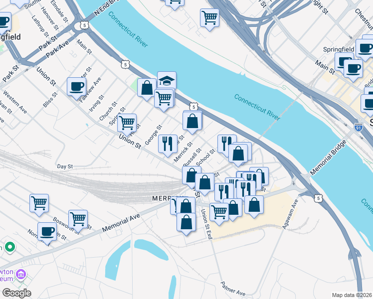 map of restaurants, bars, coffee shops, grocery stores, and more near 65 Merrick Street in West Springfield