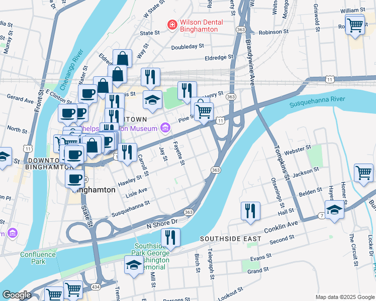 map of restaurants, bars, coffee shops, grocery stores, and more near 180A Hawley Street in Binghamton