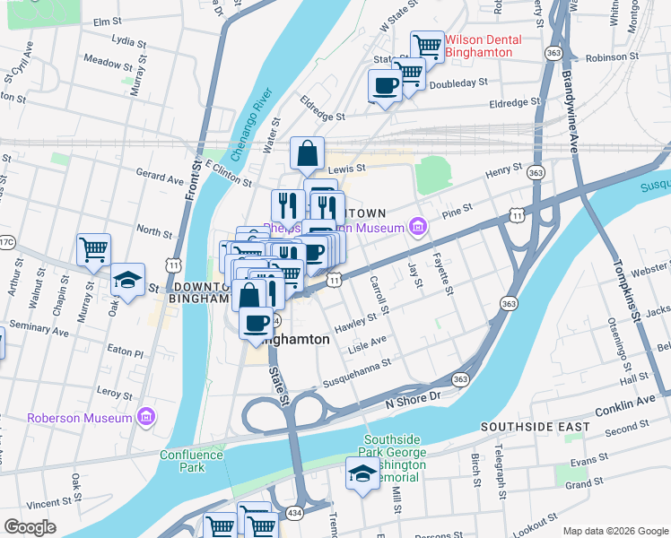 map of restaurants, bars, coffee shops, grocery stores, and more near 126 Court Street in Binghamton