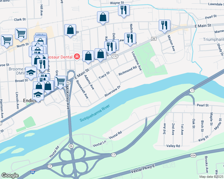 map of restaurants, bars, coffee shops, grocery stores, and more near 1900-1998 Riverview Dr in Endicott