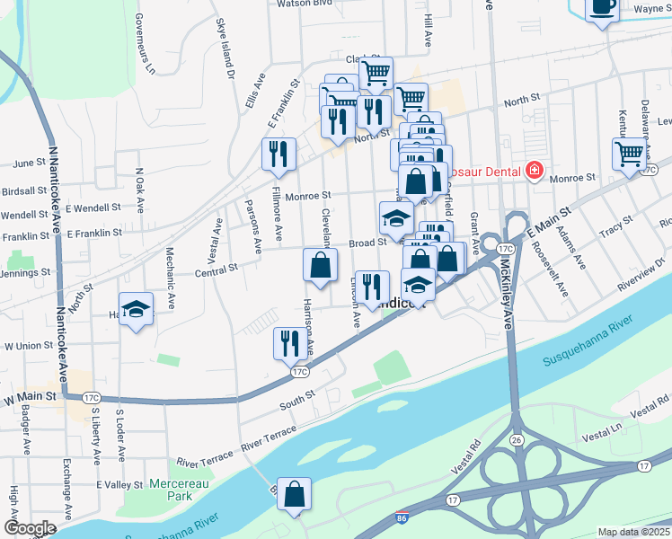 map of restaurants, bars, coffee shops, grocery stores, and more near 225 Harrison Avenue in Endicott