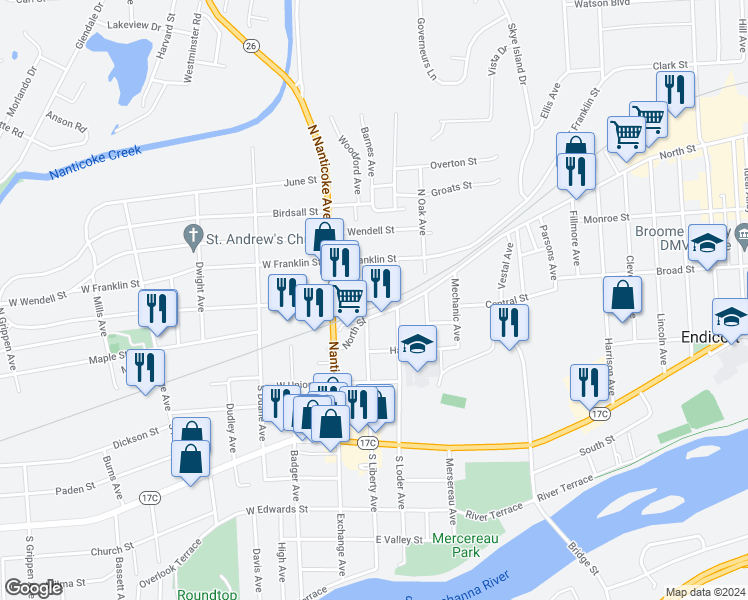map of restaurants, bars, coffee shops, grocery stores, and more near 206 North Street in Endicott