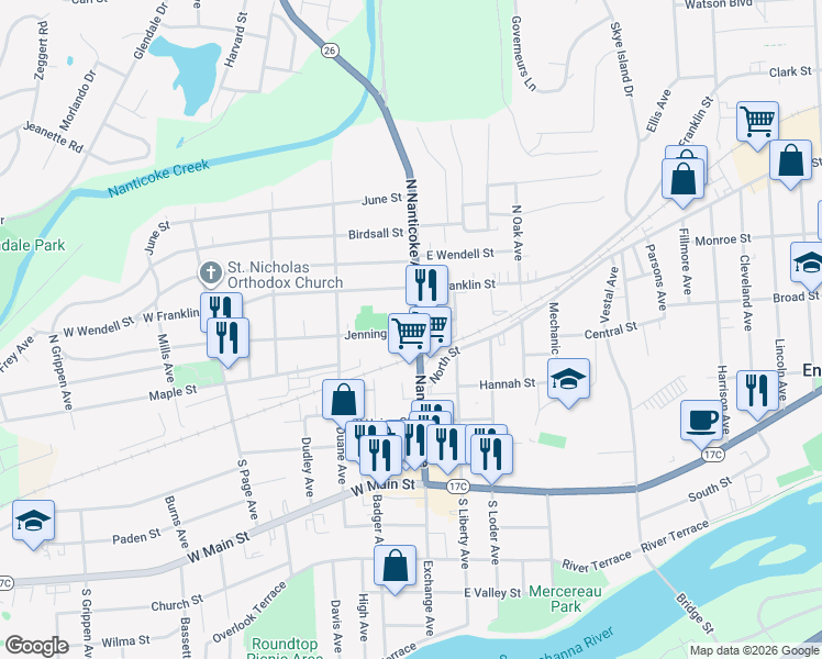 map of restaurants, bars, coffee shops, grocery stores, and more near 106 Jennings St in Endicott