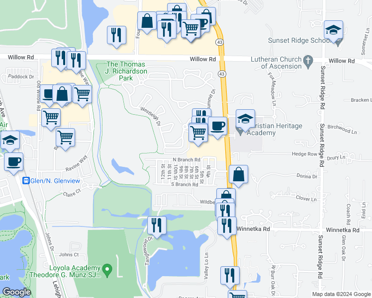 map of restaurants, bars, coffee shops, grocery stores, and more near 44 North Branch Road in Winnetka
