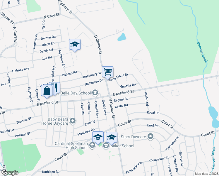 map of restaurants, bars, coffee shops, grocery stores, and more near 123 North Quincy Street in Brockton