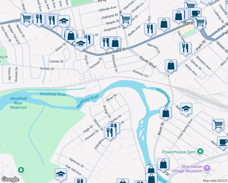 map of restaurants, bars, coffee shops, grocery stores, and more near 7 Spring Street in Agawam