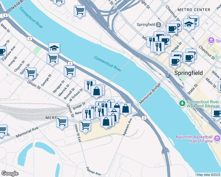 map of restaurants, bars, coffee shops, grocery stores, and more near 31 Railroad Street in West Springfield