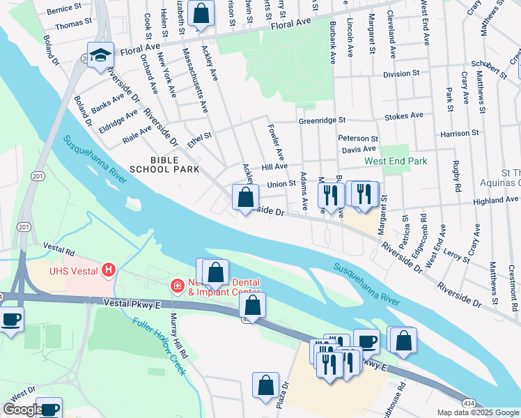 map of restaurants, bars, coffee shops, grocery stores, and more near Riverside Drive & Ackley Avenue in Johnson City
