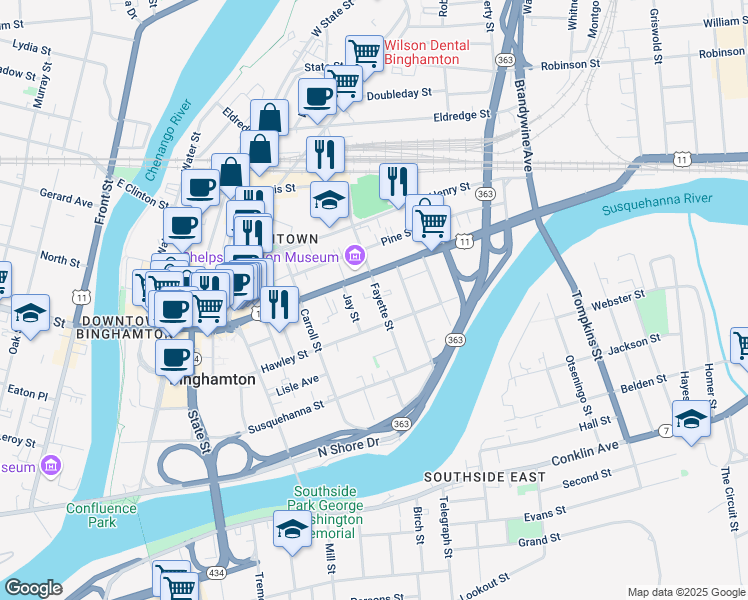 map of restaurants, bars, coffee shops, grocery stores, and more near 33 Fayette Street in Binghamton