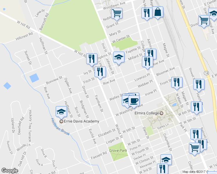 map of restaurants, bars, coffee shops, grocery stores, and more near 973 Lincoln Street in Elmira