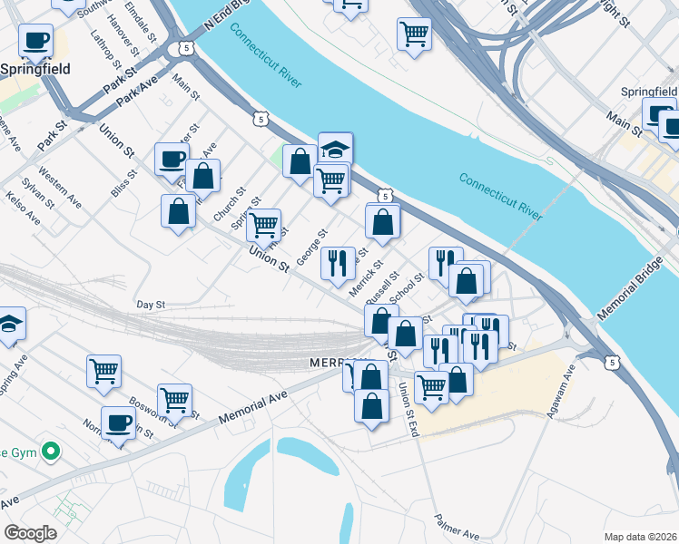 map of restaurants, bars, coffee shops, grocery stores, and more near 62 Sprague Street in West Springfield