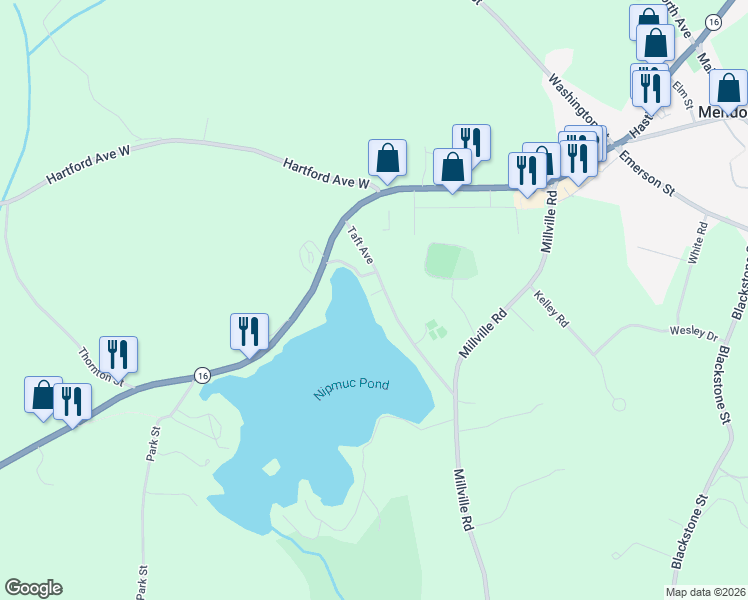 map of restaurants, bars, coffee shops, grocery stores, and more near 31 Taft Avenue in Mendon