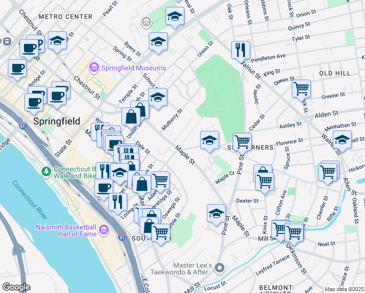 map of restaurants, bars, coffee shops, grocery stores, and more near 175 Maple Street in Springfield