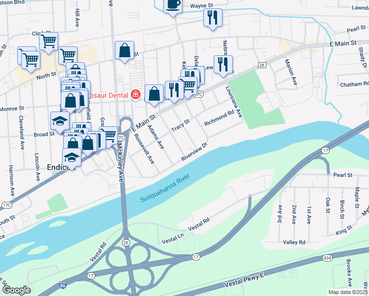 map of restaurants, bars, coffee shops, grocery stores, and more near 1900-1998 Riverview Dr in Endicott