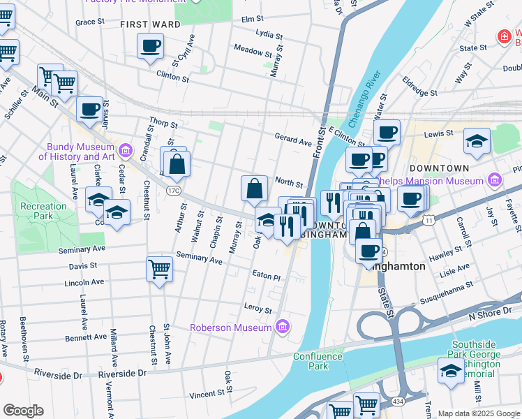 map of restaurants, bars, coffee shops, grocery stores, and more near 41 Main Street in Binghamton