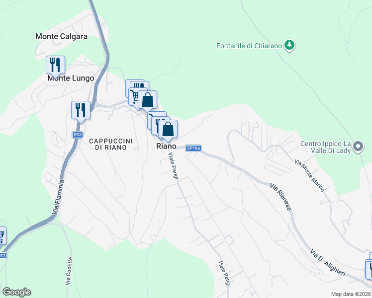 map of restaurants, bars, coffee shops, grocery stores, and more near 14 Via del Raccordo del Pontaccio in Riano