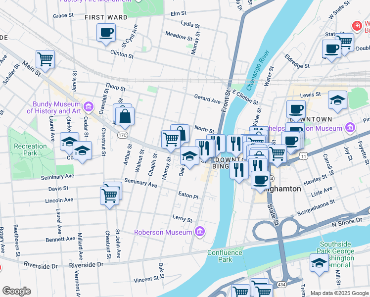 map of restaurants, bars, coffee shops, grocery stores, and more near 41 Main Street in Binghamton