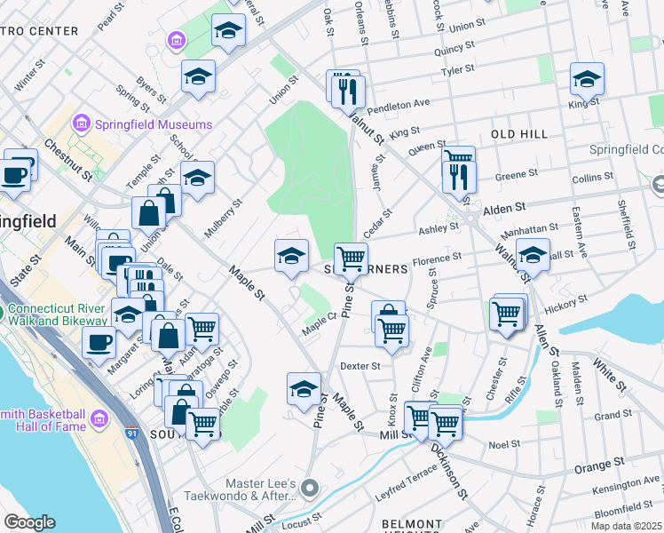 map of restaurants, bars, coffee shops, grocery stores, and more near 255 Central Street in Springfield
