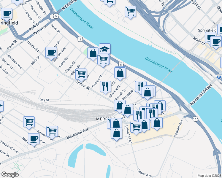 map of restaurants, bars, coffee shops, grocery stores, and more near 65 Merrick Street in West Springfield