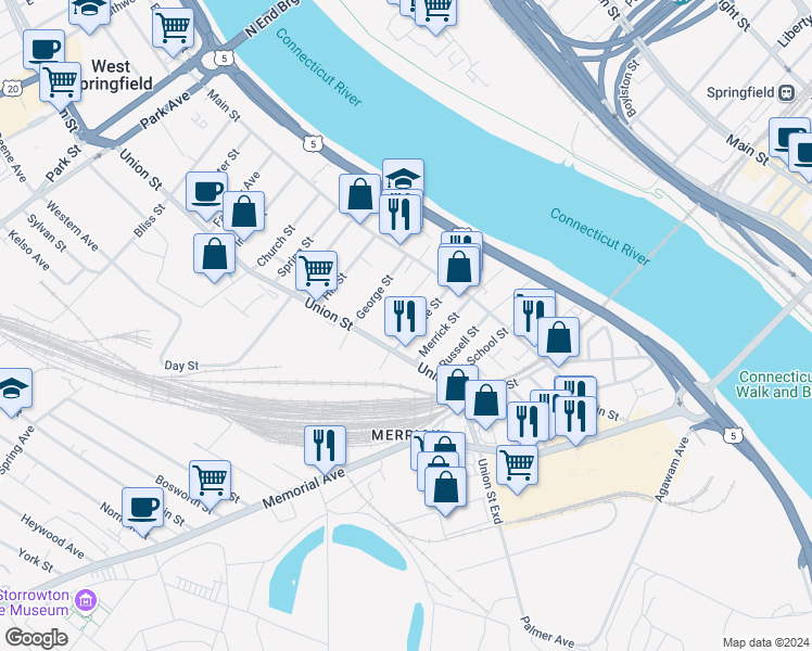 map of restaurants, bars, coffee shops, grocery stores, and more near 751-3 Union Street in West Springfield