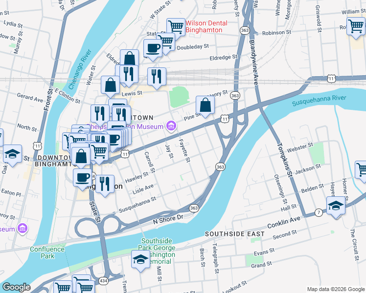 map of restaurants, bars, coffee shops, grocery stores, and more near 60 Carroll Street in Binghamton